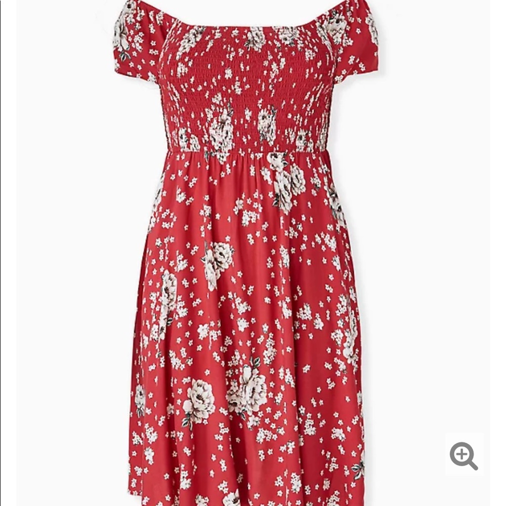 RED FLORAL CHALLIS SMOCKED MINI SKATER DRESS